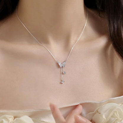 Full-Crystal Three-Butterfly Tassel Necklace For Women