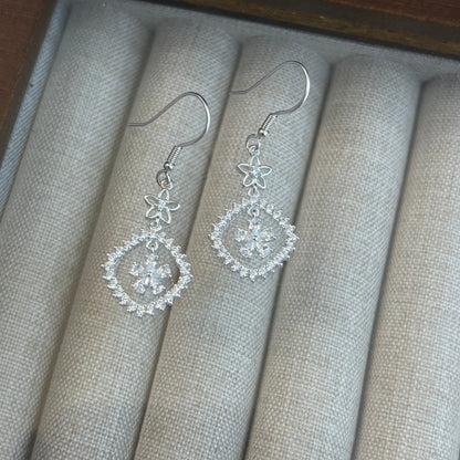 1 Pair 999 Sterling Silver Zircon Flower & Square Drop Earrings, Elegant & Versatile, Perfect For Daily, Party & Dating, Ideal Valentine's Gift