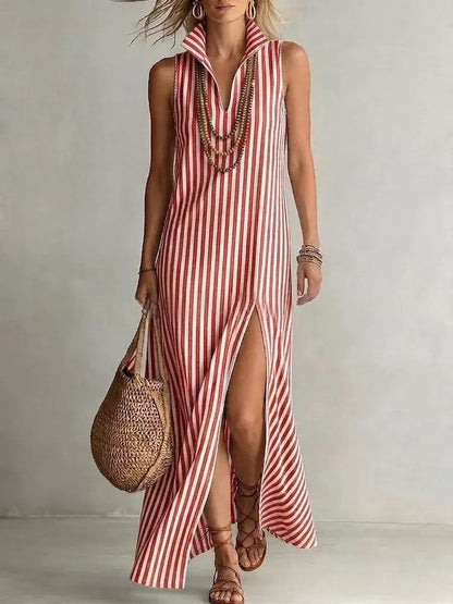 Seasonal New Womens Striped Stand Collar Side-Slit Camisole Dress