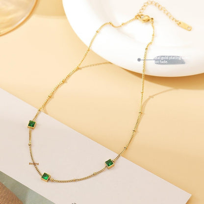 Square-shaped Delicately Crafted Versatile Colored Zircon And Green Zircon Titanium Steel Necklace For Women