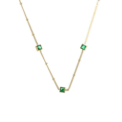 Square-shaped Delicately Crafted Versatile Colored Zircon And Green Zircon Titanium Steel Necklace For Women