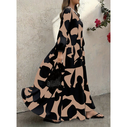 Elegant V-Neck Long-Sleeve Fashionable Floral Print Dress For Women