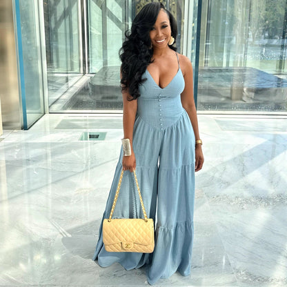 Womens Solid Color Deep V-Neck Long High-Waist Jumpsuit