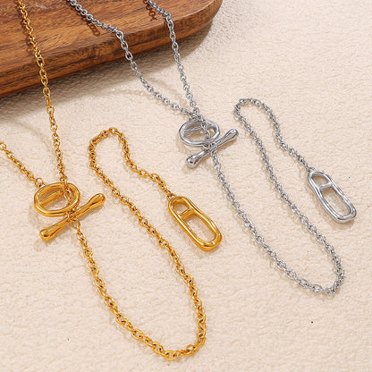 Japanese Style Minimalist Long Sweater Chain Necklace, Stainless Steel Pig Nose Pendant With OT Clasp, Fashion Simple Jewelry