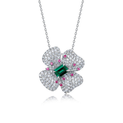 S925 Silver Four-Leaf Clover Flower Cultured Ruby Necklace