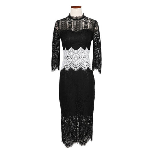Stand-collar Spring New Arrival Black And White Patchwork Eyelash Lace Waist-cinching Dress