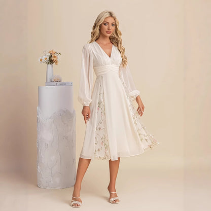 Floral Long-Sleeve V-Neck Pleated Dress For Women